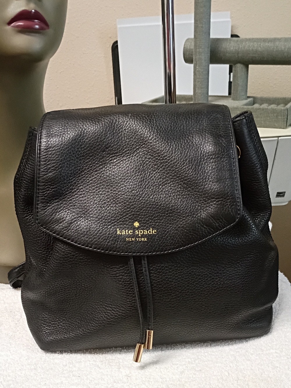 kate spade Black Pebbled Leather Drawstring Backpack with Flap